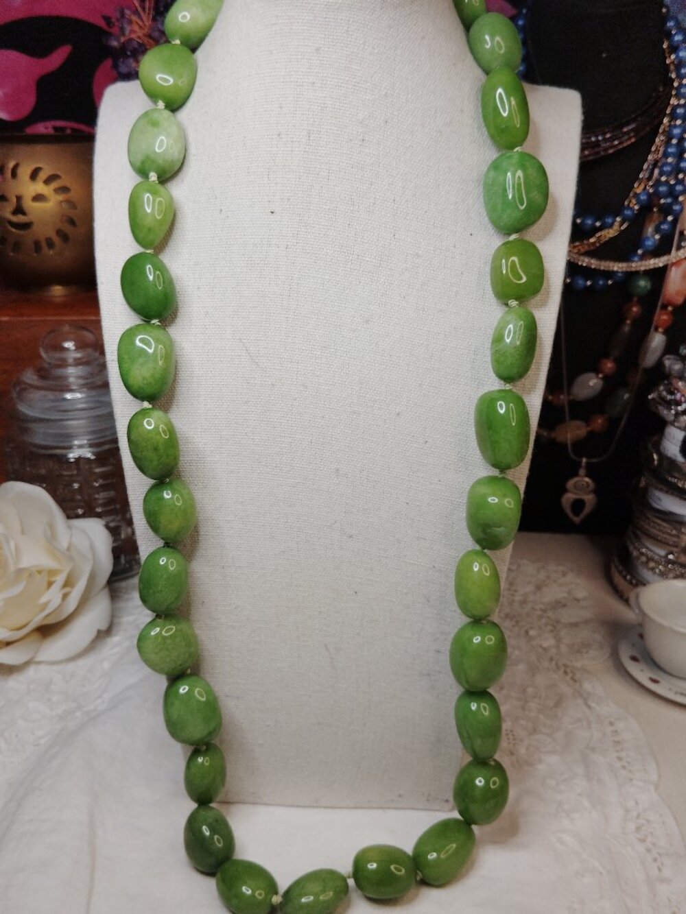 Sajen Sterling Silver Apple‑Green Quartzite Necklace – 26″ Hand‑Knotted